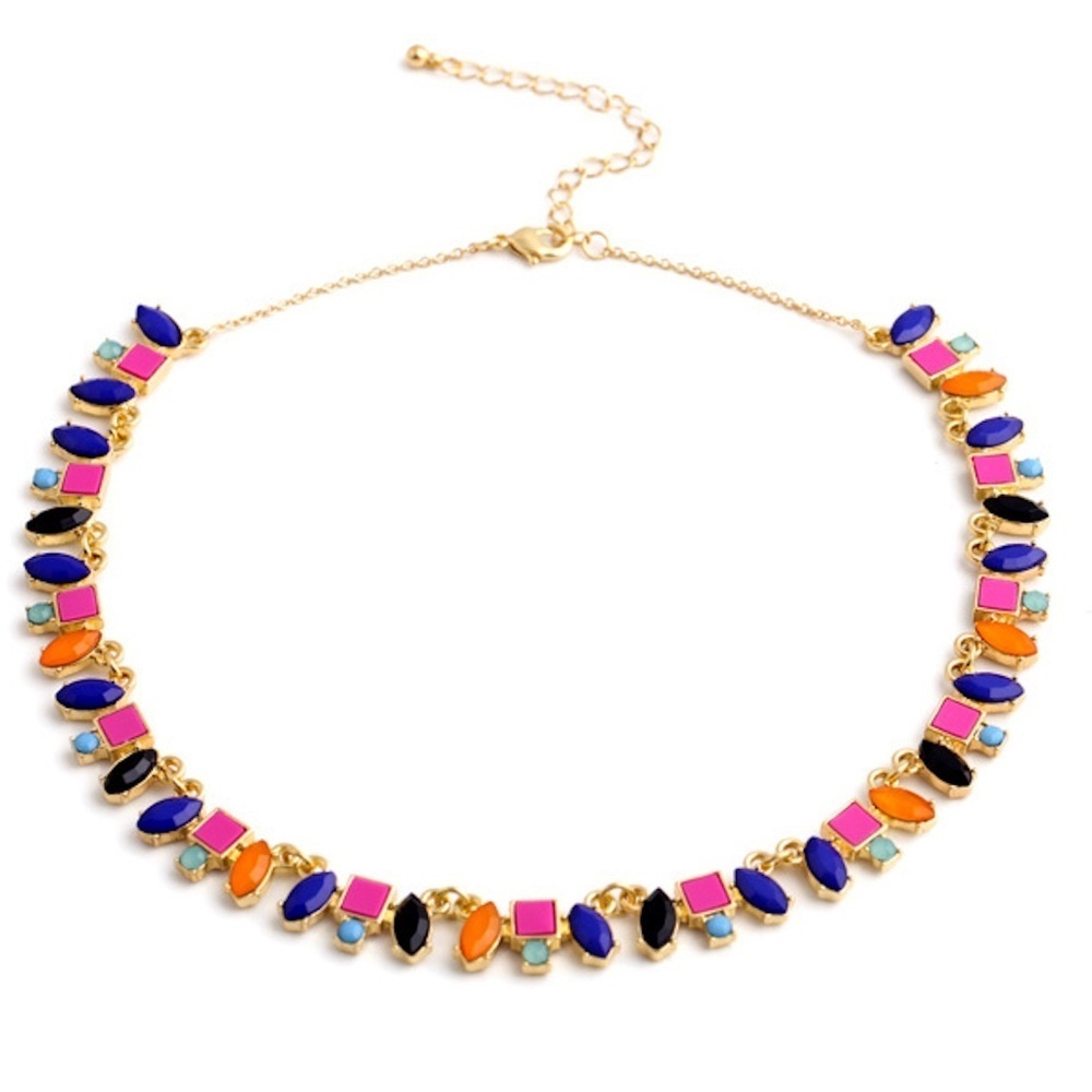 Colorful Geometric Statement Necklace – Gold-Tone with Pink, Blue, Orange & Blac